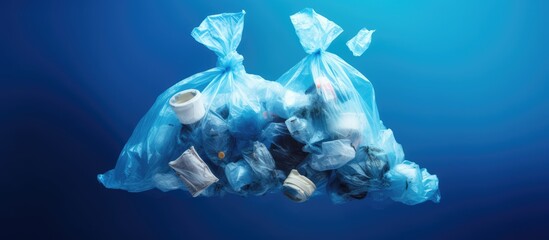 Poster - Recycle symbol on blue background with plastic bag icon