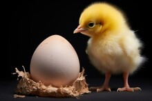 Small Yellow Furry Chick Next To A Chicken Egg In Black Background