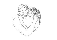 Portrait Line Art Of сouple In Love Drawing Style.Loving Man And Woman Hug Each Other Black Linear Sketch Illoustration.