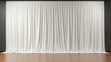 Fototapeta Przestrzenne - luxury white curtain backdrop with wooden floor and black wall background, white and lighten color	