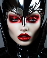 Wall Mural - A mysterious woman in a gothic masque and striking halloween costume poses with dark lips, smoldering eyes, and a captivating vampire lipstick