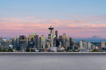 Wall Mural - Skyscrapers Cityscape Downtown, Seattle Skyline Buildings. Beautiful Real Estate. Sunset. Empty rooftop View. Success concept.