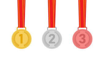 Wall Mural - Medal. Gold, Silver and Bronze Medals with Red Ribbon. Sport Winner Medal. Champion and Winning Concept. Vector Illustration.