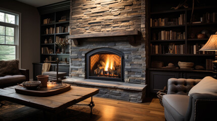 A cozy fire in a chic fireplace in a living room