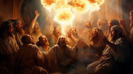 Illustration of the Apostles of Jesus Christ gathered in the upper room praying and receiving the Holy Spirit in the form of fire Generative AI