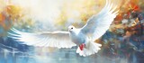 Watercolor style painting of a white dove with freedom and peace symbolism offering Ukraine prayers and advocating against war