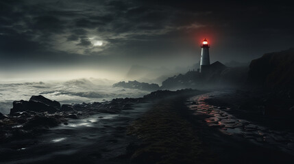 Fantasy landscape with a lighthouse on the coast in the foggy night. 3d rendering. Conceptual illustration.
