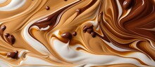 Close up of coffee brown chocolate blending into milk texture food and drink background