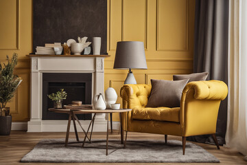 Cozy modern living room with sofas and table, yellow interior