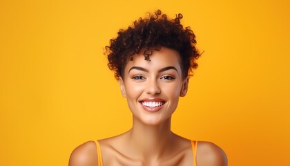 Portrait of young happy woman. Skin care beauty, skincare cosmetics, dental concept isolated over yellow background.