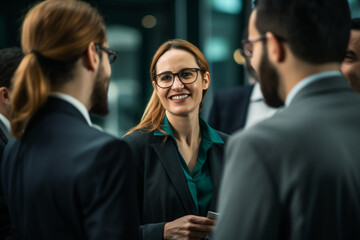 Wall Mural - Business, lifestyle concept. Executive woman speaking to group of people in office. Business woman surrounded with colleagues employees listening her speech. Generative AI