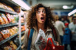 A shopper with a shocked expression while looking at price tags, conveying the surprise of high prices.