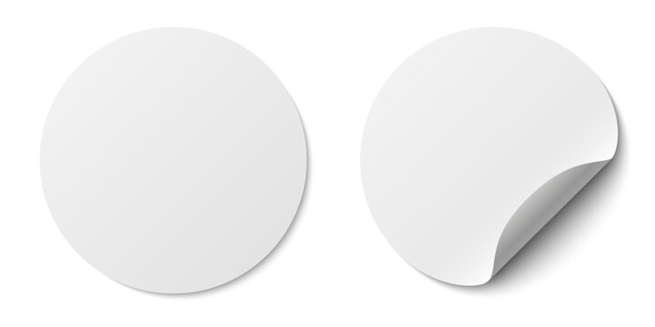 Circle adhesive symbols. White tags, paper round stickers with peeling corner and shadow, isolated rounded plastic mockup, realistic two round paper adhesive sticker mockup with curved corner