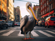 A Photo Of A Pelican On The Street Of A Major City During The Day