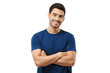 © Damir Khabirov - Portrait of smiling handsome man in blue t-shirt standing with arms crossed