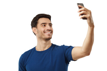Wall Mural - Portrait of young handsome smiling man using phone to take selfie
