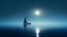 Sailboat Sailing On Calm Water On A Full Moon Night With Fog And Mist, Generative A