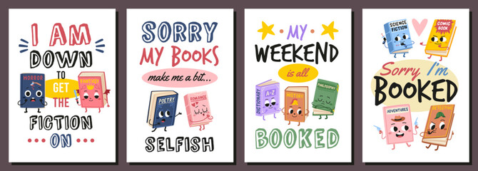 Poster - Books characters with texts. Education motivation posters, different literary genres, animated volumes with cute funny faces, cards with lettering, cartoon flat isolated tidy vector cards set