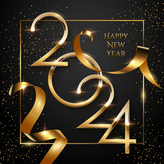 Wall Mural - Happy 2024 New Year greeting card vector template. Festive Christmas social media banner design with congratulations. Golden 2024 numbers in frame with confetti illustration on black background