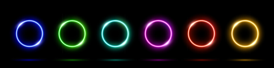 Wall Mural - neon round glow light frame collection on black background. abstract cosmic color vector illustratio