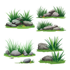 set llustration of boulders with grass in simple vector