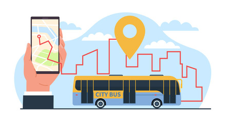 Mobile application on smartphone to track bus routes on city map. Cartoon flat style illustration. Hand hold phone. Location pin. Tracking path of public transport app. Vector concept