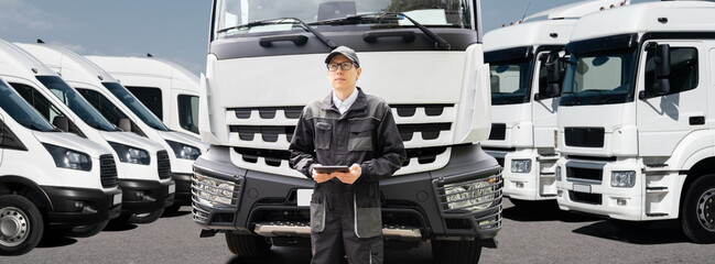 Poster - Manager with a digital tablet stands next to trucks and vans. Fleet management.