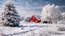 A Snowy Landscape With A Red Barn And A Decorated Evergreen Tree