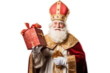 Sinterklaas Or Saint Nicholas With A Gift Isolated On A White Background With Room For Text