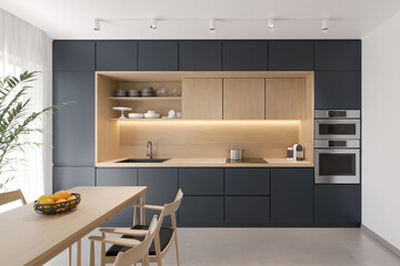 3d rendering of a contemporary dark grey kitchen with white wooden backsplash, a table, with chairs