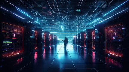 A modern data center with racks of servers, cooling systems, and technicians managing the digital infrastructure that powers our interconnected world