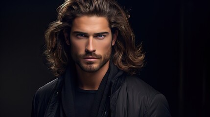 Masculine Hair Model with Luxurious Long Hair.masculine young man with lush, thick, and long hair, showcasing the allure of a hair product