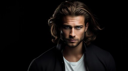 Wall Mural - Masculine Hair Model with Luxurious Long Hair.masculine young man with lush, thick, and long hair, showcasing the allure of a hair product