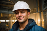 Fototapeta  - Portrait of the senior successful confident senior male factory worker standing in Nuclear power plant. Green energy concept
