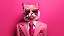 Photo Against A Bright Pink Background Showcasing A Cat Fully Embracing The Color.