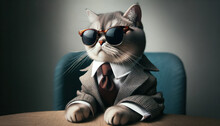 Photograph Of A Cat That Means Business. Dressed In A Snazzy Suit And Tie, And Flaunting A Pair Of Sunglasses