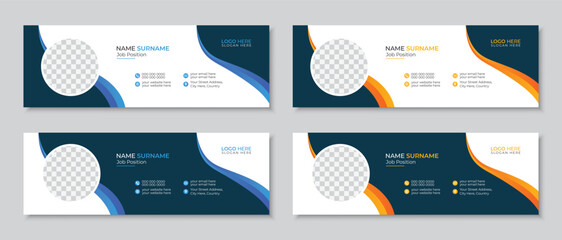 Wall Mural - Clean and modern email signature or email footer design template with wavy shapes in four different styles, professional personal social media cover with an author photo place vector banner bundle