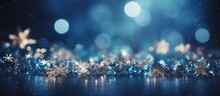 Festive Blue Background With Twinkling Stars And Snowfall