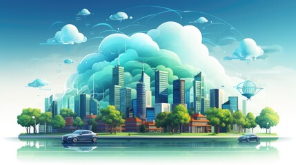 Social networking city and town with automation car on the world symbols moving from buildings to cloud using wifi. Vector illustration, penology, communication, generation, modern, generate by AI