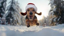 Cute Dachshund Dog With A Santa's Hat Running, Jumping In The Snow, Daytime In The Winter Snow In The Woods.