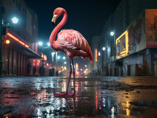 Wall Mural - A Photo of a Flamingo on the Street of a Major City at Night