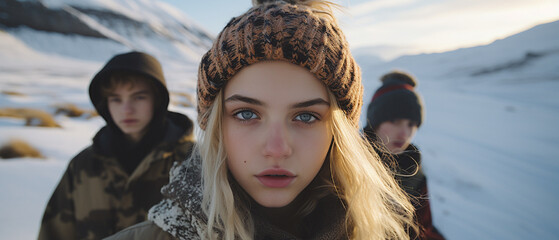 Canvas Print - portrait of a group of friends in a winter landscape