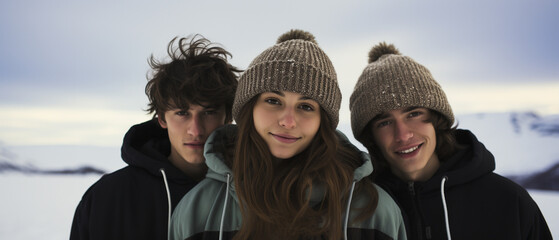 Canvas Print - portrait of a group of friends in a winter landscape