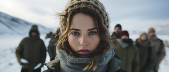 Poster - portrait of a group of friends in a winter landscape