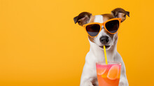 A Happy Jack Russell Drinks An Orange, Citrus Drink Or Soft Drink, On A Yellow Background