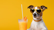 A Happy Jack Russell Drinks An Orange, Citrus Drink Or Soft Drink, Wearing A Sunglasses, Spring And Summer On A Yellow Background