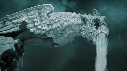 Wall Mural - Gargoyle Fog Fall in a Storm 4K Loop features a stone gargoyle with a lightning storm behind, drops of rain, and fog falling from its mouth in a loop.