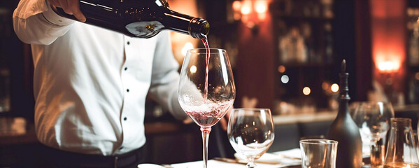 A waiter in a white shirt pours red wine from a bottle into a glass close-up. Banner.