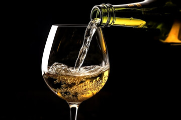 pours white wine from a wine bottle into a glass close-up on a dark background