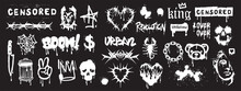 Street graffiti spray icon set, vector tattoo hip-hop fashion print, urban typography freehand kit. Splatter grunge effect sticker, gothic heart artwork silhouette, scorpion lettering. Street graffiti